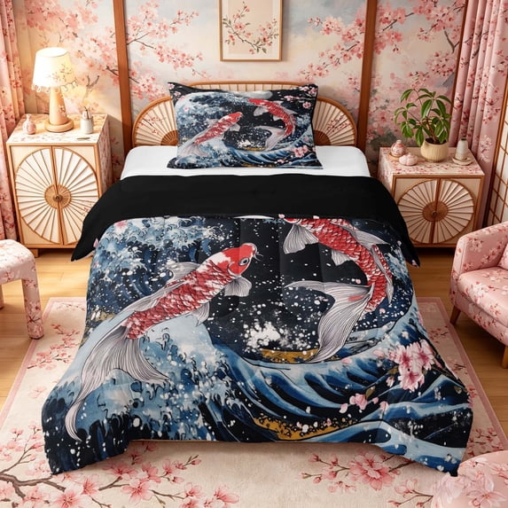 Manfei Japanese Koi Moon Twin Comforter Sets for Girls, Night Wave Bedding Set, Blue Red, Black Reversible 2pcs, 1 Comforter and 1 Pillowcase