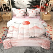 Manfei Japanese Mount Fuji 7-Piece Twin Bedding Sets, Pink Blossoms Flower Bedding Comforter Set, Teens Kids Girls Boys Reversible Sheet Sets, Luxury Bedroom Decor