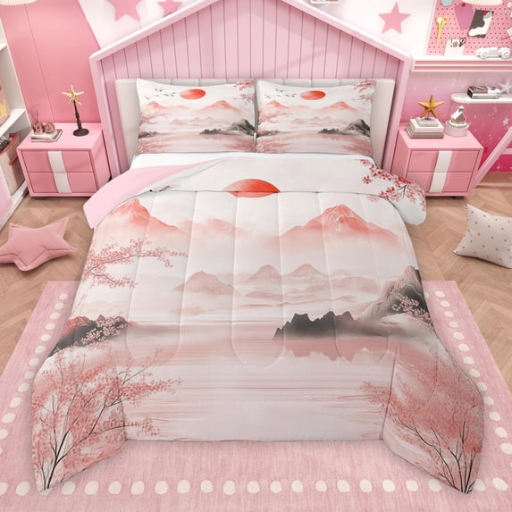 Manfei Japanese Mount Fuji Bedding Comforter Set, Pink Blossoms Flower Twin Comforter Sets, Teens Kids Girls Boys Reversible Bedding Set, Luxury Bedroom Decor, 2 Pieces