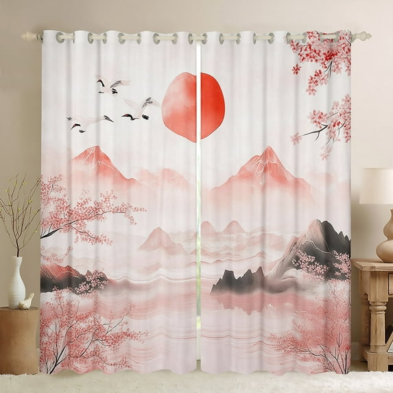 Manfei Japanese Mount Fuji Black Out Curtains, Pink Blossoms Flower Curtains Pack of 2 (42x63 Each), Teens Kids Girls Boys Bedroom Curtains, Window Curtains Bedroom Decor
