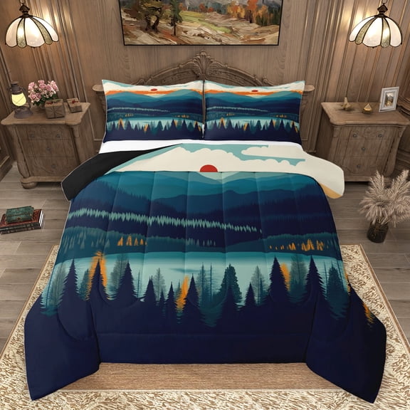 Homewish Japanese Mount Fuji Queen Comforter Set for Adult, Jungle Nature Scenery Bedding Sets, Rustic Farmhouse Reversible Bedding Comforter Set, Breathable Home Decor, 3 Pieces