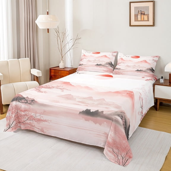 Manfei Japanese Mount Fuji Twin Sheet Sets, Pink Blossoms Flower Twin Fitted Sheet, Teens Kids Girls Boys Flat Sheet, Luxury Bedroom Decor, 3 Pieces