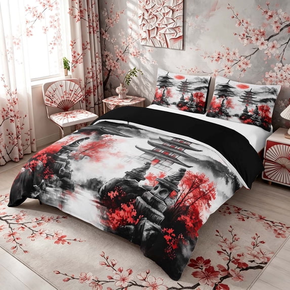 Manfei Japanese Pagoda Queen Duvet Cover Set, Red Tree Buddha Bedding, Black Red Gray, Black Reversible 3-Piece, 1 Duvet Cover and 2 Pillowcases
