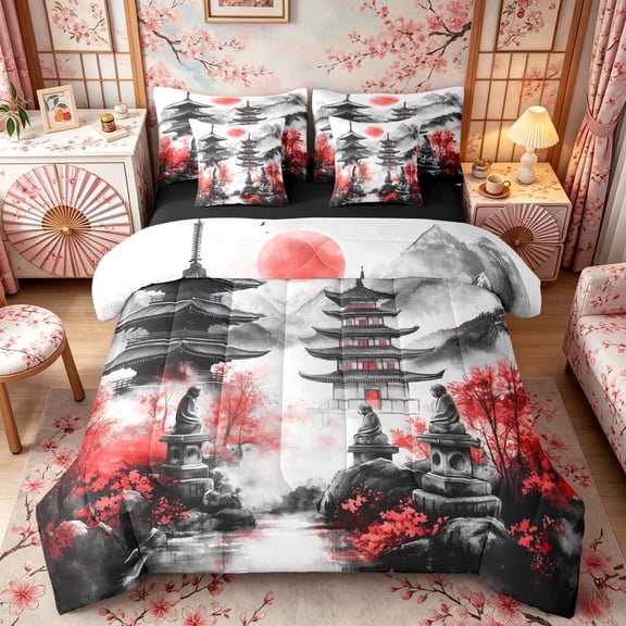 Manfei Japanese Pagoda Twin Bedding Sets, Red Tree Buddha Bedding Comforter Set, Black Red Gray, Black Reversible7-Piece