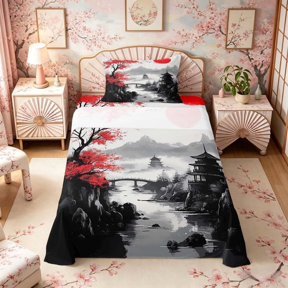Manfei Japanese Red Sun Pagoda Twin Sheet Sets for Girls Women, Misty Mountain Bedding, Black Red Gray 3 Pieces, 1 Flat Sheet, 1 Fitted Sheet and 1 Pillowcase
