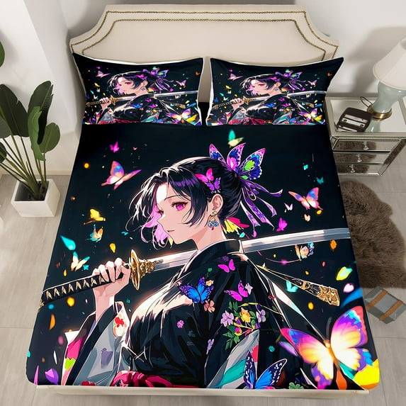 Manfei Japanese Samurai 3pcs Twin Sheet Sets,Anime Girl Twin Fitted Sheet,Flying Butterfly Breathable Flat Sheet,Gradient Room Decoration