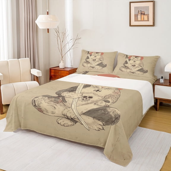 Manfei Samurai Kitten Skull King 4-Piece Reversible Adult Super Cozy Gothic Boho Sheet Set