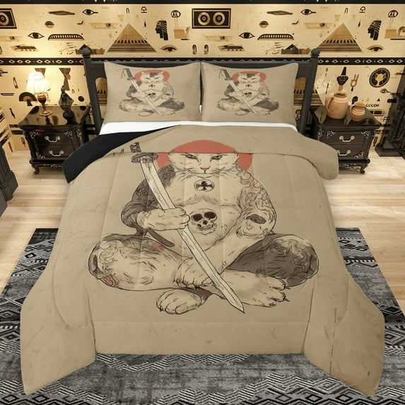 Manfei Japanese Samurai Twin Comforter Set,Boho Kitten Gothic Skull,Cozy Reversible Decor,2-Piece