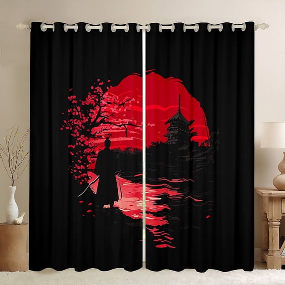Manfei Japanese Samurai Curtains and Drapes,Scenery Silhouette Black Out Curtains,Sunset Curtains Pack of 2 (52x63 Each) For Girl Boys Kids,Microfiber Bedroom Decor