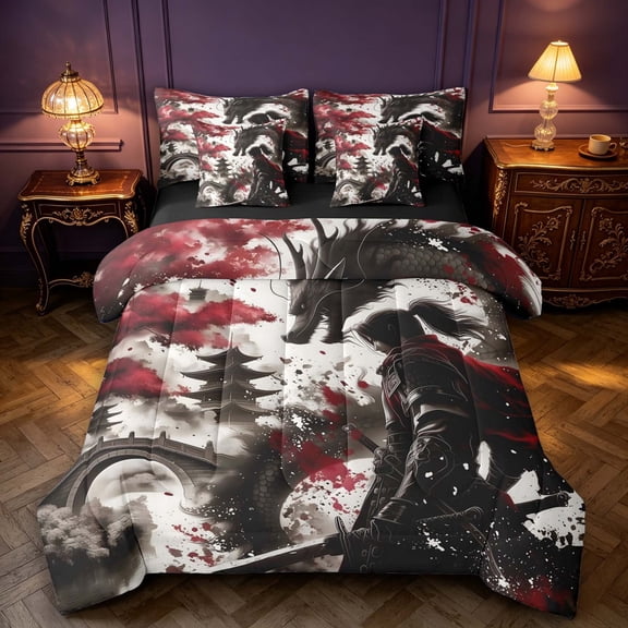 Manfei Japanese Samurai Dragon Animals 7-Piece Twin Bedding,Cherry Blossom Bedding Comforter Set,Red Gray,Black Reversible