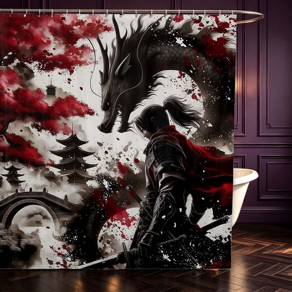 Manfei Japanese Samurai Dragon Animals Shower Curtain 72Wx72L,Cherry Blossom Bathroom Curtain,Red Gray