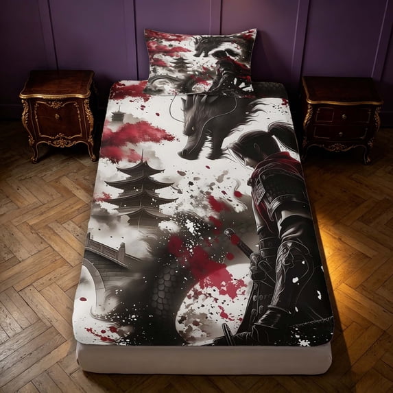 Manfei Japanese Samurai Dragon Animals Twin Fitted Sheet,Cherry Blossom Bedding,Red Gray,2pcs,1 Fitted Sheet and 1 Pillowcase