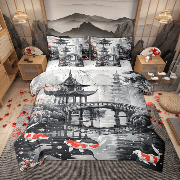 Manfei Japanese Style Bedding Comforter Set 7-Piece, Oriental Koi Fish King Bedding Sets, Gray Black Red Bed Sheets, Super Cozy Room Decor