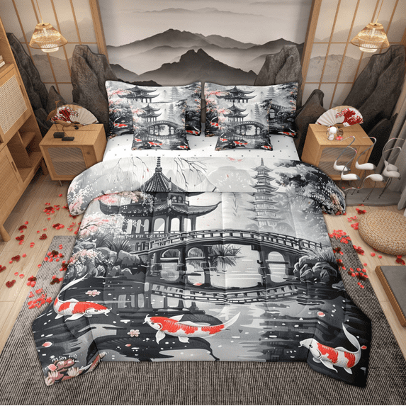 Manfei Japanese Style Bedding Comforter Set 7pcs, Oriental Koi Fish Full Bedding Set, Gray Black Red Fitted Sheet Flat Sheet, Super Cozy Room Decor