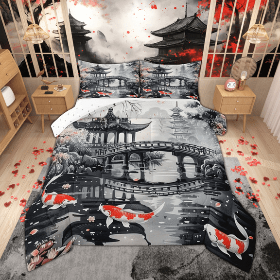 Manfei Japanese Style Bedding Comforter Set, Oriental Koi Fish Twin Comforter Sets, Gray Black Red Bedding Set, Super Cozy Room Decor Reversible 2-Piece