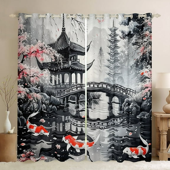 Manfei Japanese Style Black Out Curtains, Oriental Koi Fish Curtains Pack of 2 (42x63 Each), Gray Black Red Bedroom Curtains, Luxurious Room Decor
