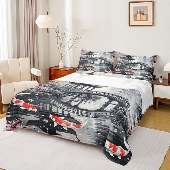 Manfei Japanese Style Full Size Sheets, Oriental Koi Fish Bed Sheets, Gray Black Red Sheet Sets, Super Cozy Room Decor 4pcs