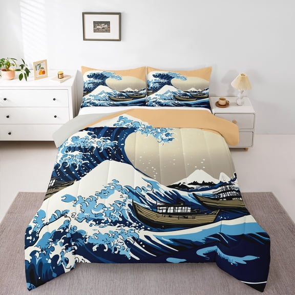 Manfei Japanese Style Queen Comforter Set,Sea Ocean Waves Nautical Bedding Sets,Ukiyoe Themed Bedding Comforter Set For Children,Super Cozy Room Decor Reversible,3 Pieces