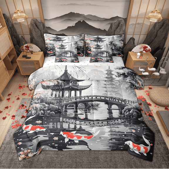 Manfei Japanese Style Twin Bedding Sets 7pcs, Oriental Koi Fish Bedding Comforter Set, Gray Black Red Sheet Sets, Super Cozy Room Decor