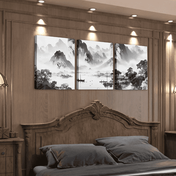 Manfei Japanese Style Wall Art Decor, Nature Lake Mountain Tree Home Decor Room Decor, Watercolor Ink Painting Wall Hanging