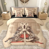 Manfei Japanese Ukiyoe 7-Piece Twin Bedding Sets,Cat Kitten Samurai Bedding Comforter Set,Cherry Blossom Sheet Sets For Girls Boys,Microfiber Bedroom Decor Reversible