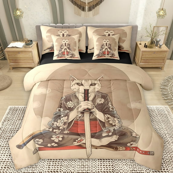 Manfei Japanese Ukiyoe 7-Piece Twin Bedding Sets,Cat Kitten Samurai Bedding Comforter Set,Cherry Blossom Sheet Sets For Girls Boys,Microfiber Bedroom Decor Reversible