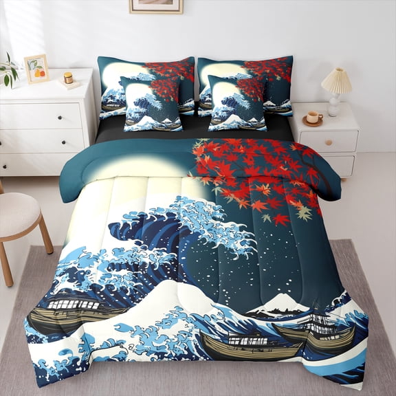 Manfei Japanese Ukiyoe 7pcs Bedding Comforter Set,Sea Waves Queen Bedding Sets,Red Autumn Maples Queen Sheet Sets For Kids,Microfiber Bedroom Decor Reversible