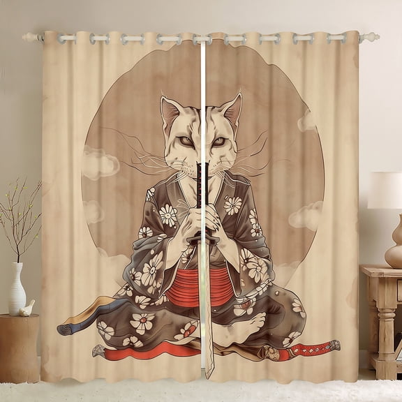Manfei Japanese Ukiyoe Black Out Curtains,Cat Kitten Samurai Curtains Pack of 2 (42x63 Each),Cherry Blossom Bedroom Curtains For Girls Boys,Microfiber Bedroom Decor