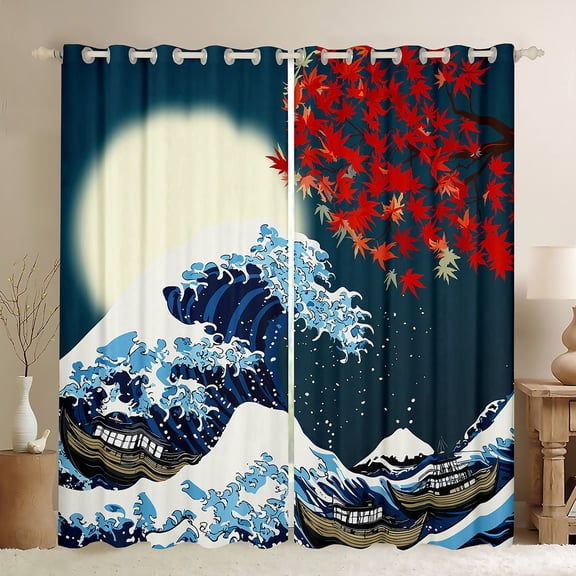 Manfei Japanese Ukiyoe Blackout Curtains Set of 2 (52x84 Each),Sea Waves Window Curtains,Red Autumn Maples Curtains and Drapes For Kids,Microfiber Bedroom Decor