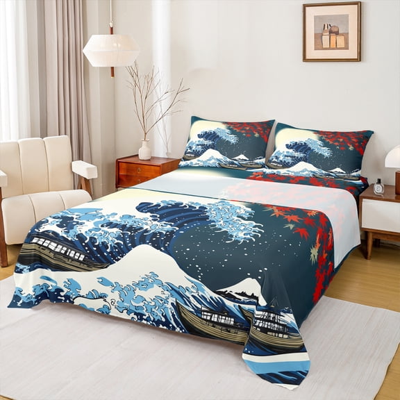 Manfei Japanese Ukiyoe Full Size Sheets,Sea Waves Bed Sheets,Red Autumn Maples Sheet Sets For Kids,Microfiber Bedroom Decor,4 Pieces