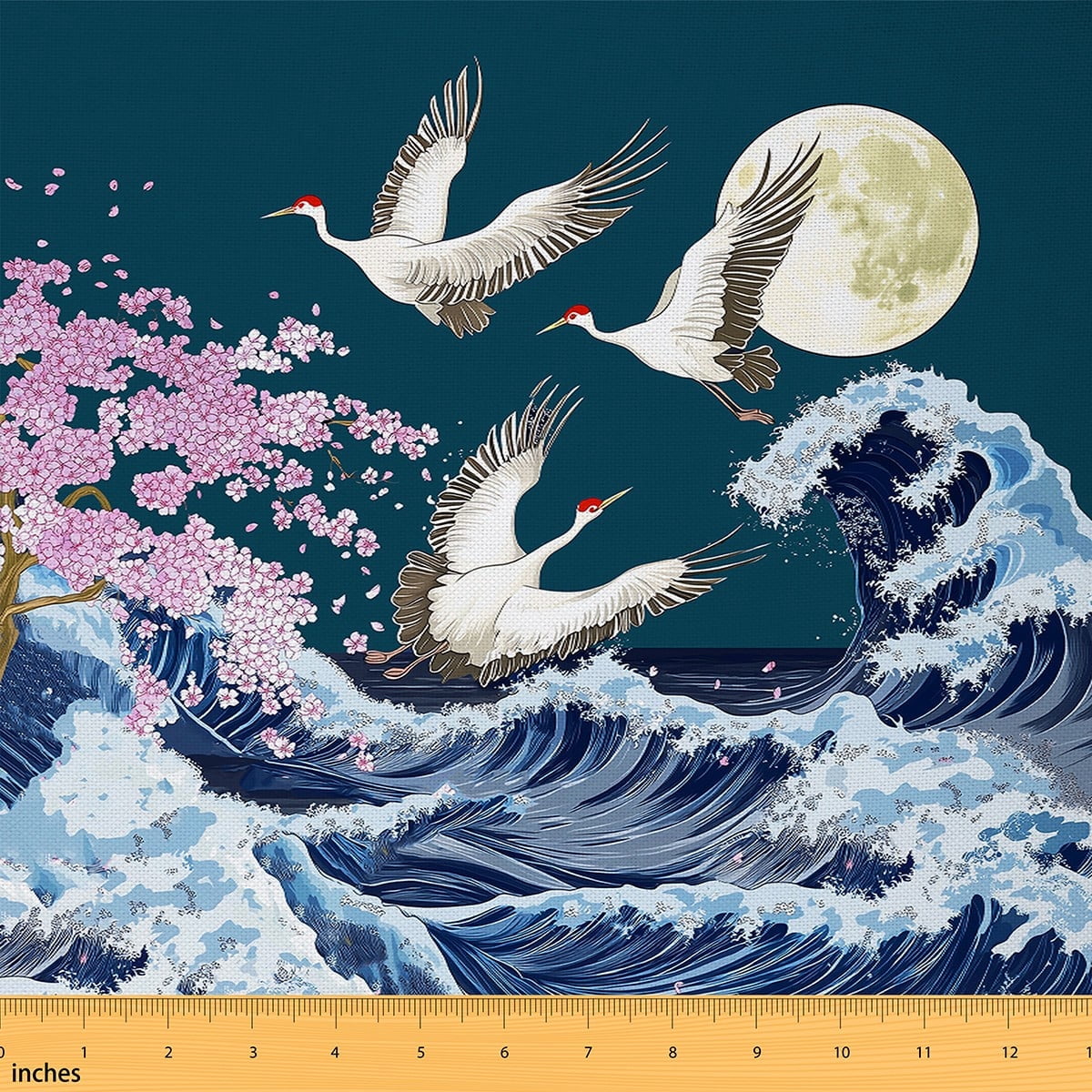 Manfei Japanese Ukiyoe Sewing & Crafting Fabric (2 Yards), Oriental Crane Print Home Decor Fabric by the Yard, Ocean Wave Moon DIY Fabric