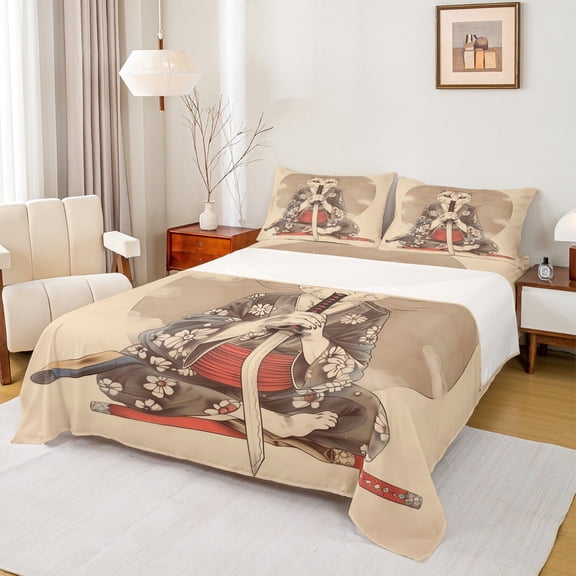 Manfei Japanese Ukiyoe Twin Sheet Sets,Cat Kitten Samurai Twin Fitted Sheet,Cherry Blossom Flat Sheet For Girls Boys,Microfiber Bedroom Decor,3 Pieces