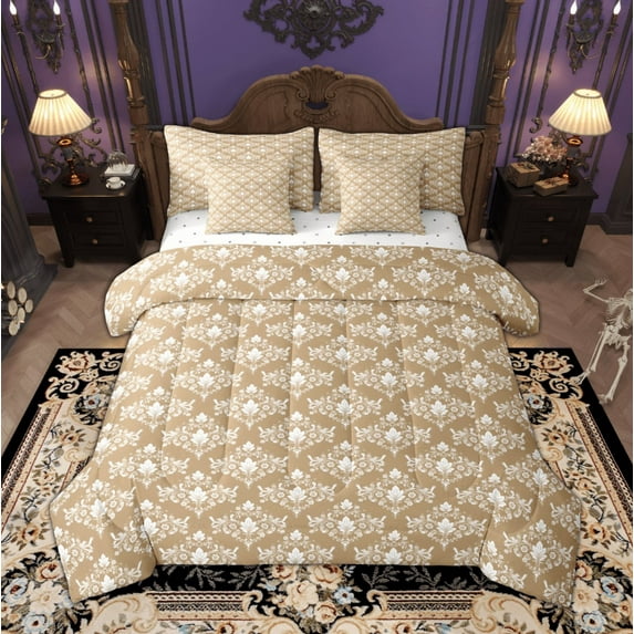 Manfei Jaquard Damask Bedding Comforter Set, Bohemian White Flower Full Bedding Set, Vintage Baroque Floral Fitted Sheet Flat Sheet, Lightweight Room Decor Reversible 7 Pieces