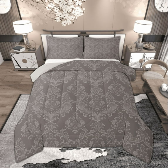 Manfei Jaquard Damask Queen Comforter Set, Bohemian Gray Flower Bedding Sets, Vintage Baroque Floral Bedding Comforter Set, Microfiber Bedroom Decor, 3-Piece Reversible