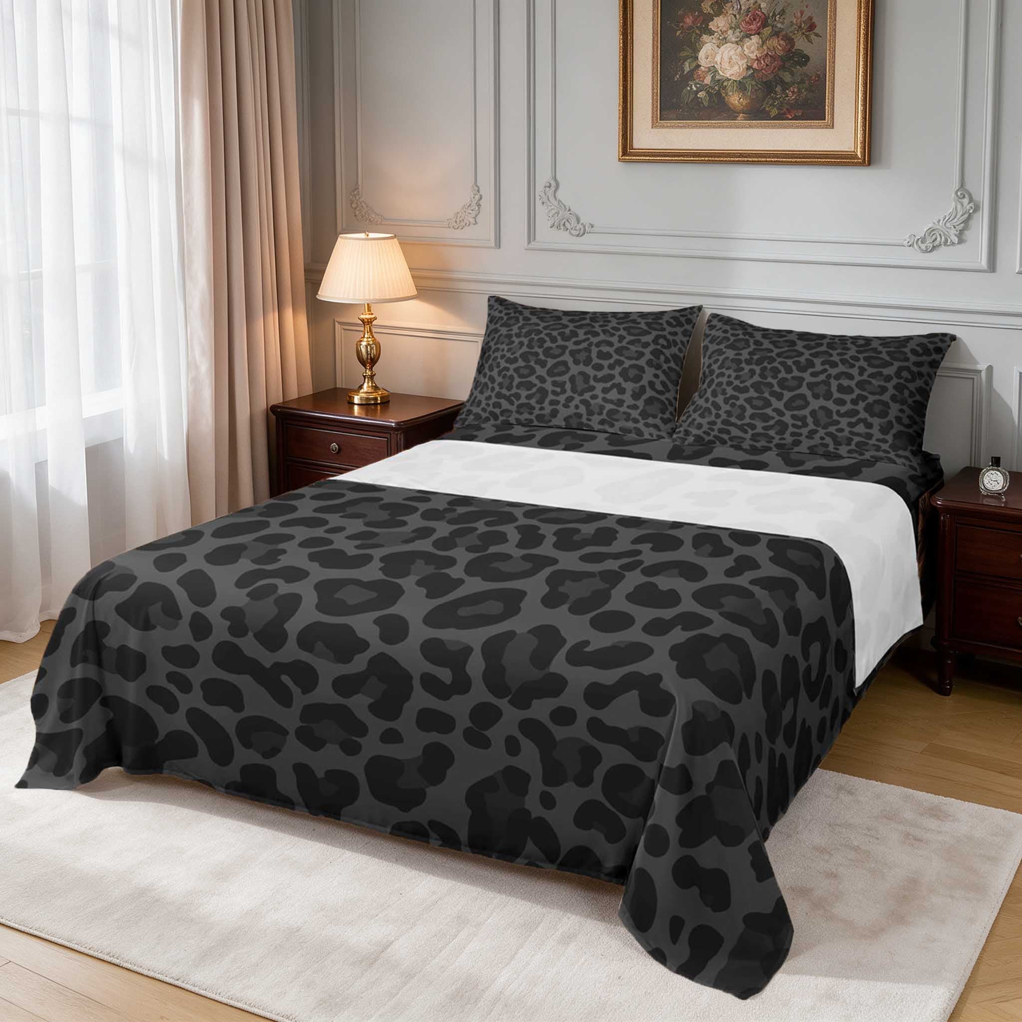 Manfei Jet Black Leopard King Sheets, Dark Grey Tone Spot Bedding 4 ...