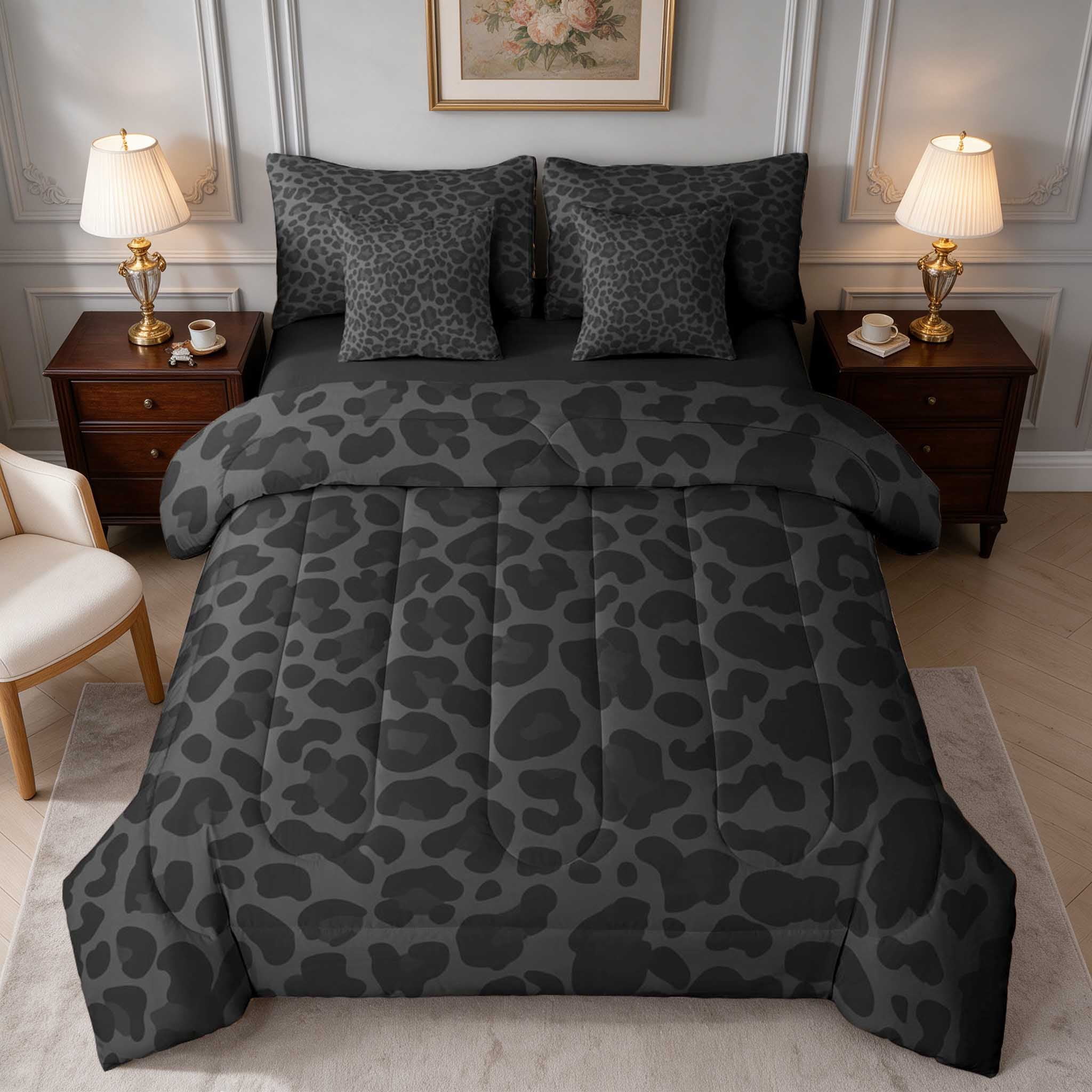 Manfei Jet Black Leopard Queen Bedding, Dark Grey Tone Spot Bedding ...