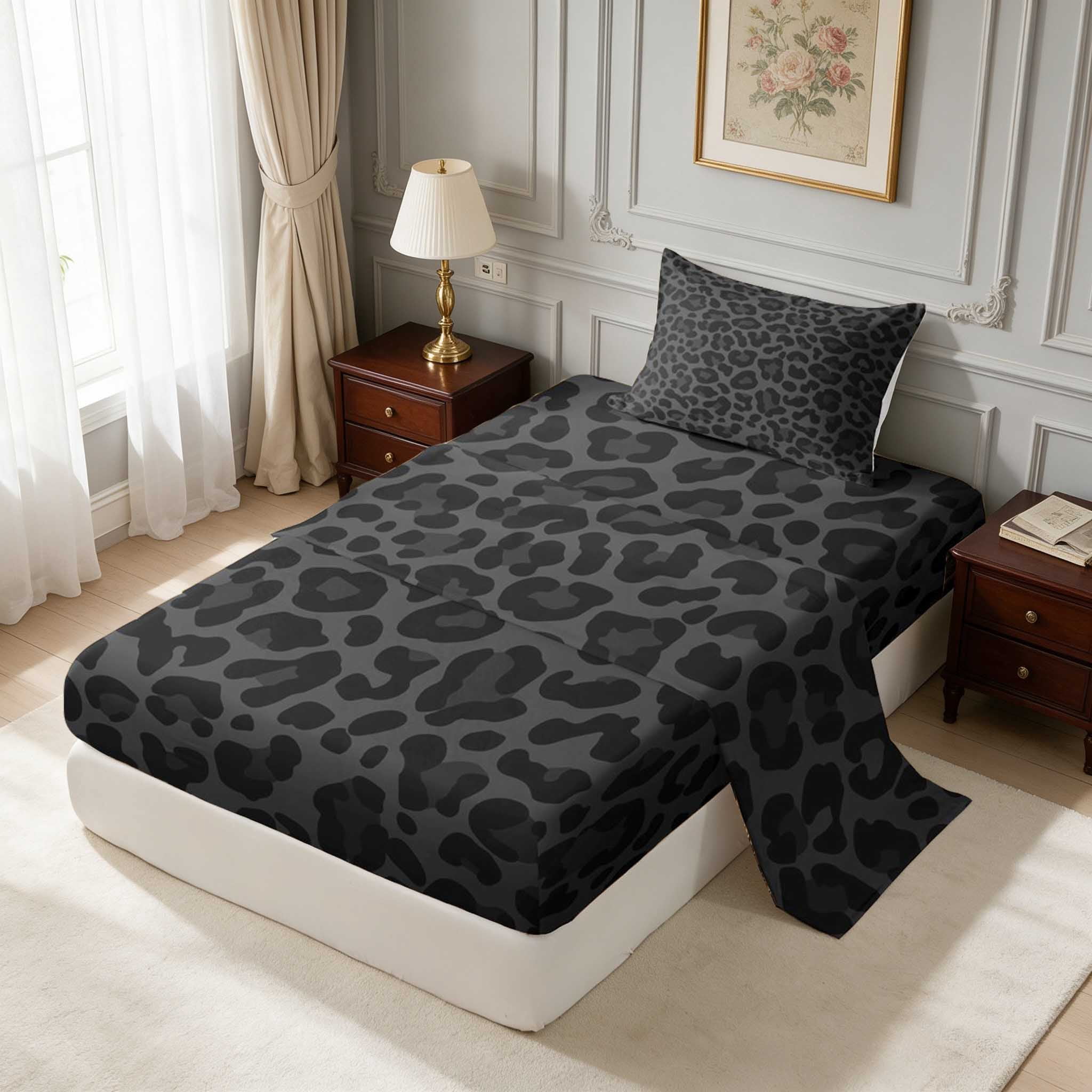 Manfei Jet Black Leopard Twin Sheets, Dark Grey Tone Spot Bedding 3 ...