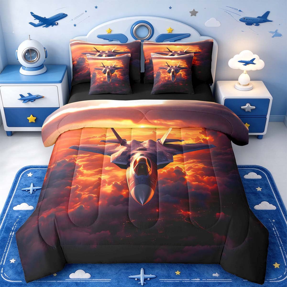 Manfei Jet Fighter Print 7pcs Queen Bedding,Timeless Cloud Bedding ...
