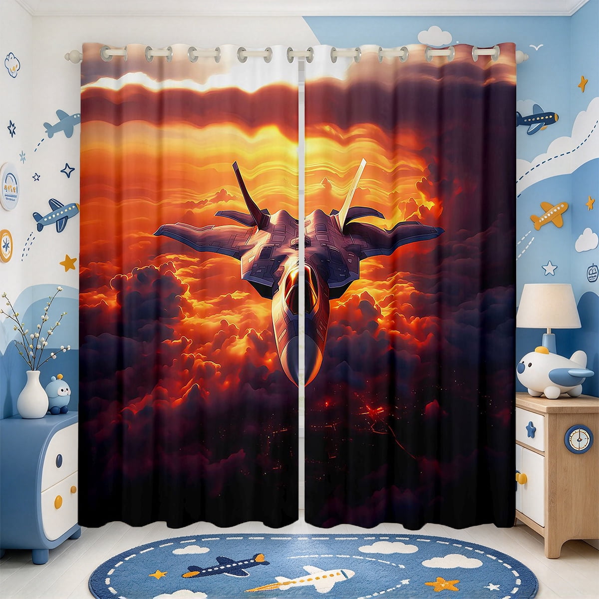 Manfei Jet Fighter Print Kitchen Curtains,Timeless Cloud Black Out ...