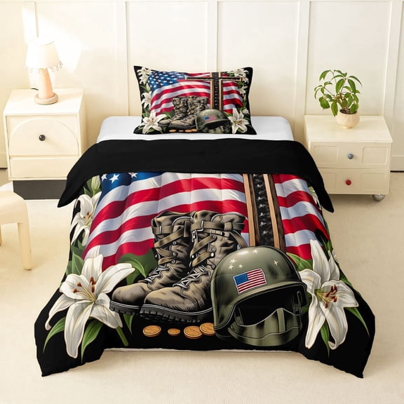 Manfei July 4Th Usa Flag Twin Comforter Sets,Patriotic Soldier Bedding Set,Red White Green,Black Reversible,2 Pieces,1 Comforter and 1 Pillowcase