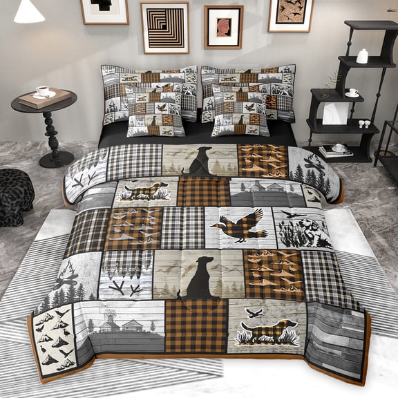 Homewish Jungle Adventure Bedding Comforter Set 7pcs, Orange Plaid Patchwork King Bedding Sets, Rustic Lodge Cabin Reversible Bed Sheets, Super Cozy Room Decor