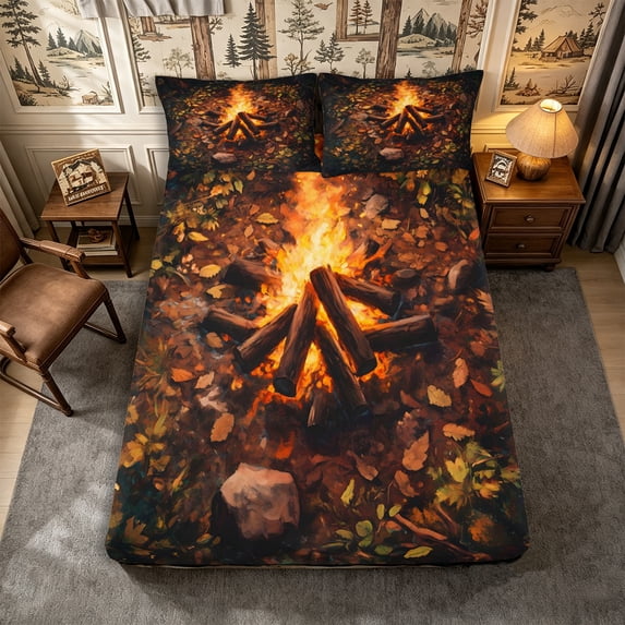 Manfei Jungle Adventure Fitted Sheet Full 3 Pieces,Camping Campfire Bed Set,Brown Orange,1 Fitted Sheet and 2 Pillowcases