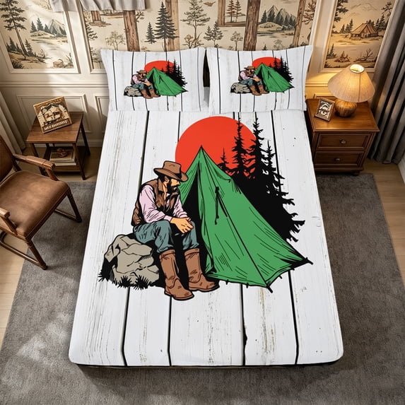 Manfei Jungle Adventure Fitted Sheet Full 3 Pieces,Rustic Vintage Cottage Bed Set,White Green,1 Fitted Sheet and 2 Pillowcases