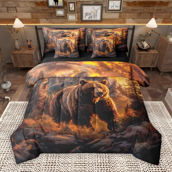 Manfei Jungle Animal Bear 7-Piece Bedding Comforter Set,Rustic Farmhouse Cabin King Bedding Sets,Brown Orange Bed Sheets For Kids Teens,Luxury Bedroom Decor Reversible