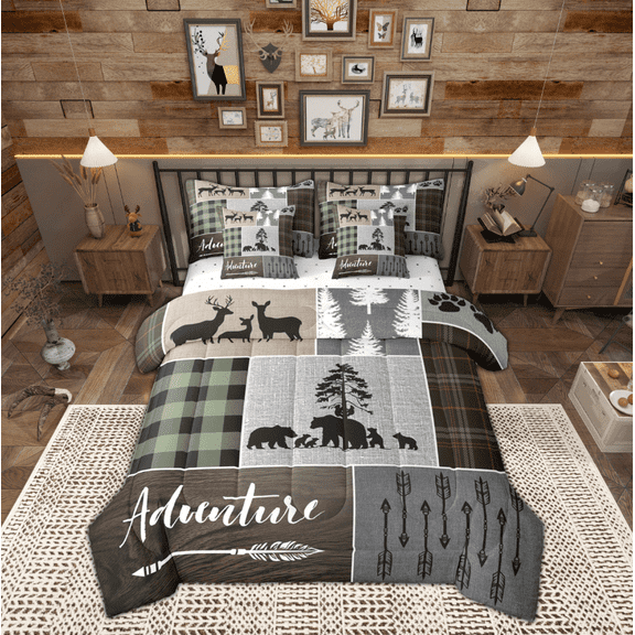 Manfei Jungle Animal Bear 7-Piece Twin Bedding Sets,Adventure Camping Bedding Comforter Set,Retro Patchwork Grid Sheet Sets For Boys,Luxury Bedroom Decor