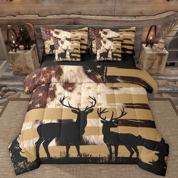 Manfei Jungle Animal Deer 7-Piece Twin Bedding Sets,Vintage Anerican Flag Bedding Comforter Set,Brown Black Sheet Sets For Boys Kids,Breathable Home Decor Reversible
