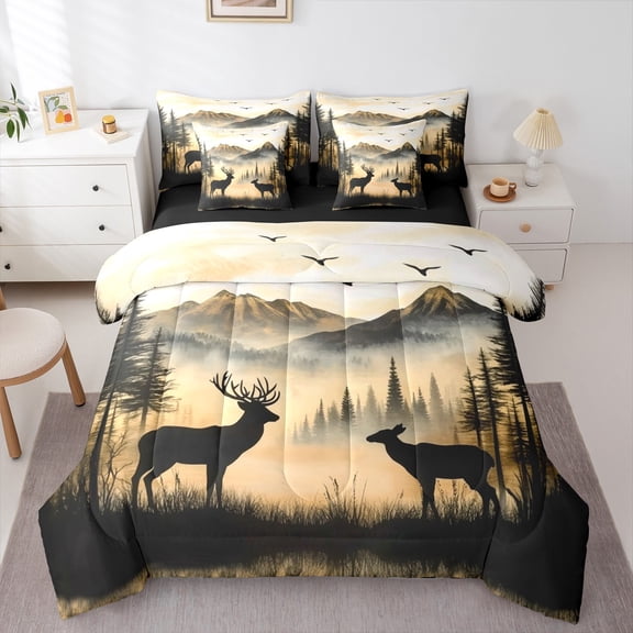 Manfei Jungle Animal Deer Bedding Comforter Set 7-Piece,Rustic Farmhouse Cabin King Bedding Sets,Tropical Plant Tree Bed Sheets For Children,Microfiber Bedroom Decor,Reversible