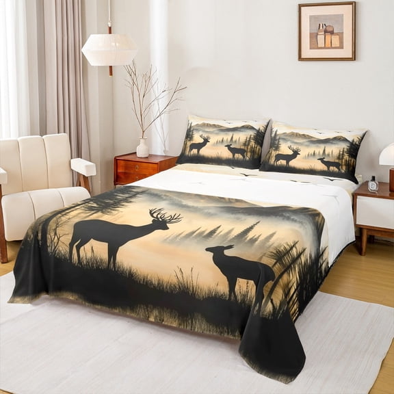 Manfei Jungle Animal Deer Full Size Sheets,Rustic Farmhouse Cabin Bed Sheets,Tropical Plant Tree Sheet Sets For Children,Microfiber Bedroom Decor,4 Pieces
