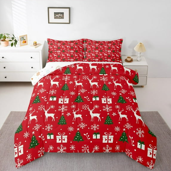 Manfei Jungle Animal Deer King Size Comforter Sets,Green Christmas Tree Bedding Comforter Set,Merry Xmas Bedding Set For Girl,Microfiber Bedroom Decor Reversible,3 Pieces