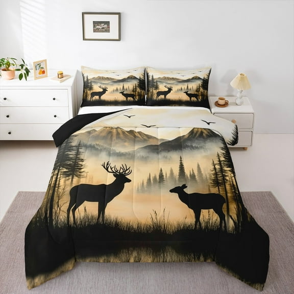 Manfei Jungle Animal Deer Queen Comforter Set,Rustic Farmhouse Cabin Bedding Sets,Tropical Plant Tree Bedding Comforter Set For Children,Microfiber Bedroom Decor Reversible,3pcs
